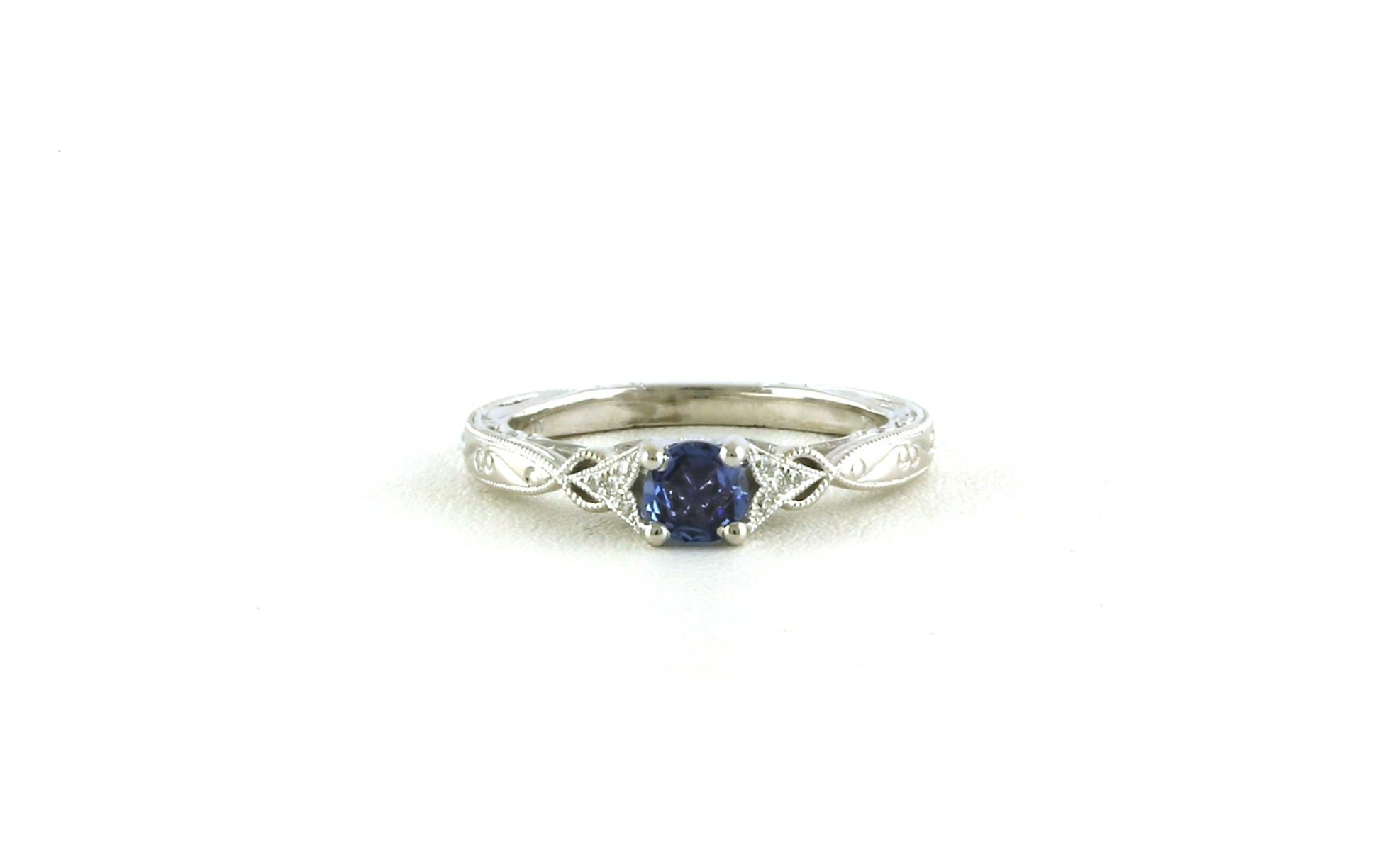 Antique-Inspired Carved Montana Yogo Sapphire and Diamond Ring in White Gold (0.49cts TWT)