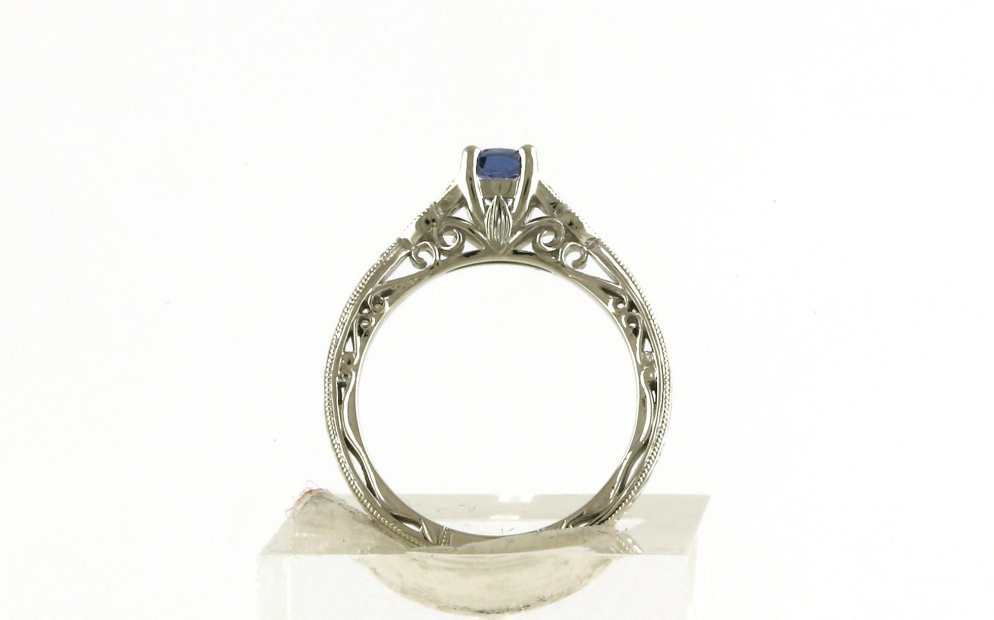 Antique-Inspired Carved Montana Yogo Sapphire and Diamond Ring in White Gold (0.49cts TWT) side