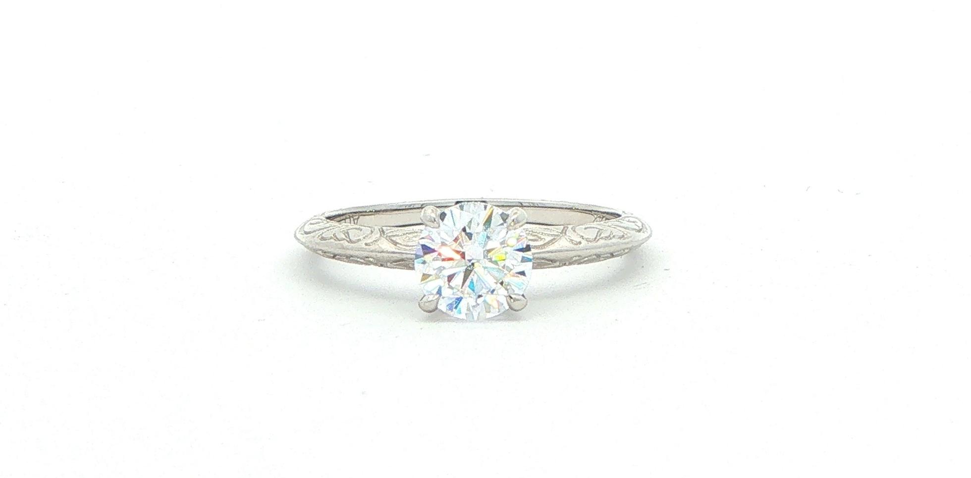 Engraved Knife Edge Solitaire Engagement Ring Mounting in White Gold 