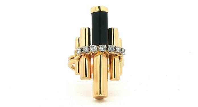 content/products/Estate Piece: Architectural Columns Black Onyx and Diamond Cocktail Ring in Yellow Gold (0.35cts TWT)
