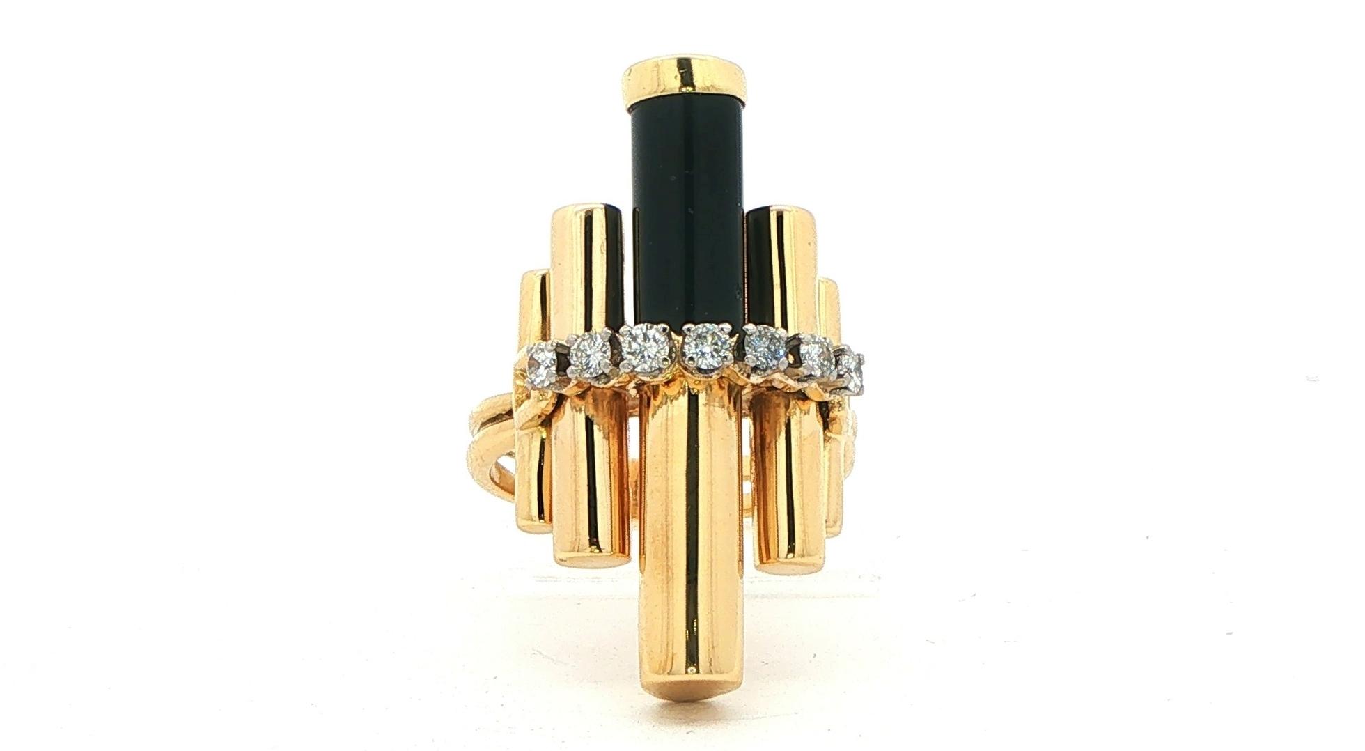 Estate Piece: Architectural Columns Black Onyx and Diamond Cocktail Ring in Yellow Gold (0.35cts TWT)