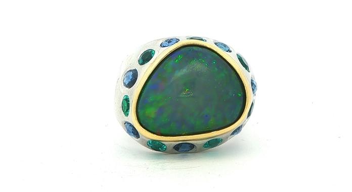 content/products/Estate Piece: Opal Cocktail Ring with Montana Yogo Sapphire and Pariba Tourmaline Accents in Two-tone White and Yellow Gold