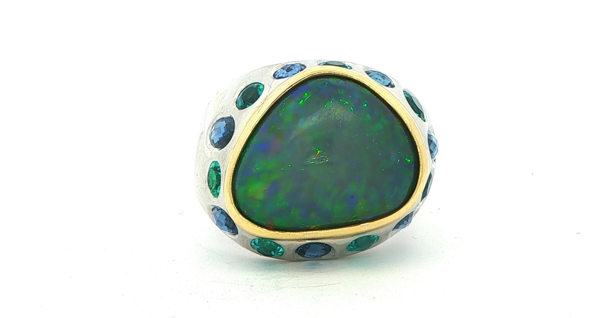 Estate Piece: Opal Cocktail Ring with Montana Yogo Sapphire and Pariba Tourmaline Accents in Two-tone White and Yellow Gold