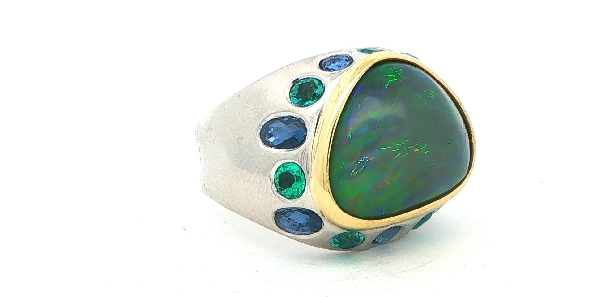 Estate Piece: Opal Cocktail Ring with Montana Yogo Sapphire and Pariba Tourmaline Accents in Two-tone White and Yellow Gold angled