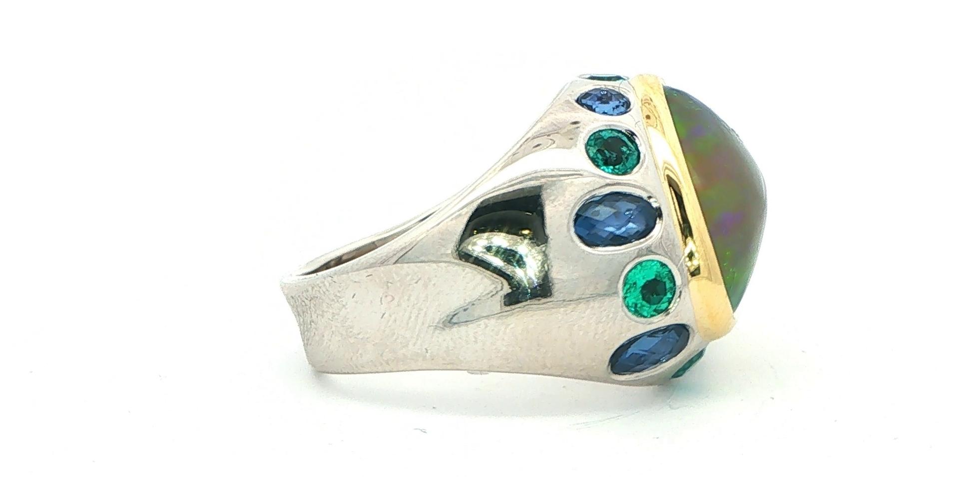 Estate Piece: Opal Cocktail Ring with Montana Yogo Sapphire and Pariba Tourmaline Accents in Two-tone White and Yellow Gold side