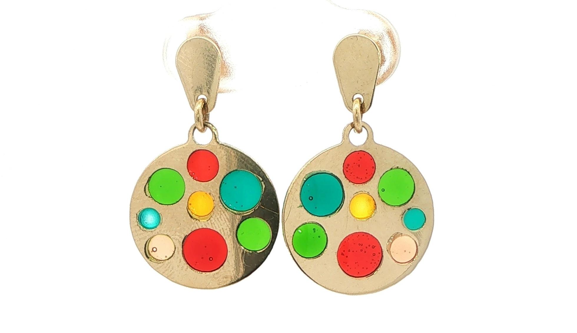 Estate Piece: Plique-a-jour Enamel Disc Drop Earrings in Yellow Gold