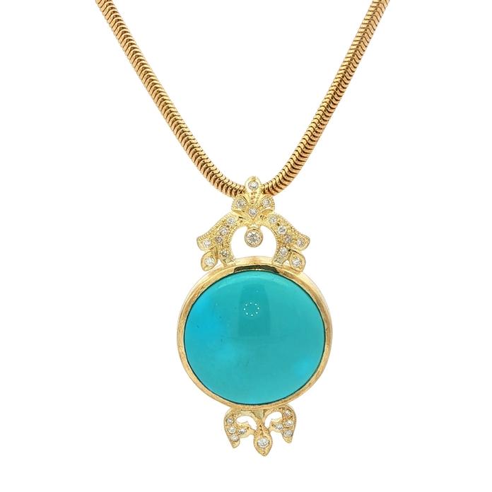 content/products/Estate Piece: Turquoise and Diamond Accent Yellow Gold Charm Necklace