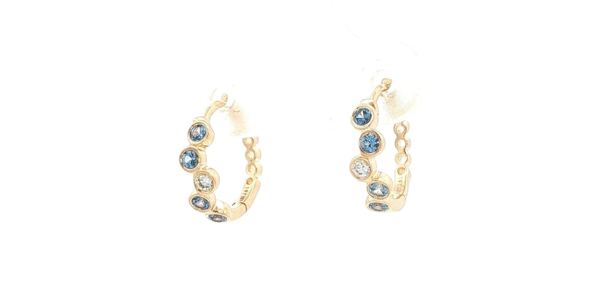 Bezel-set Scattered Montana Yogo Sapphire and Diamond Hoop Earrings in Yellow Gold (0.28cts TWT) angled