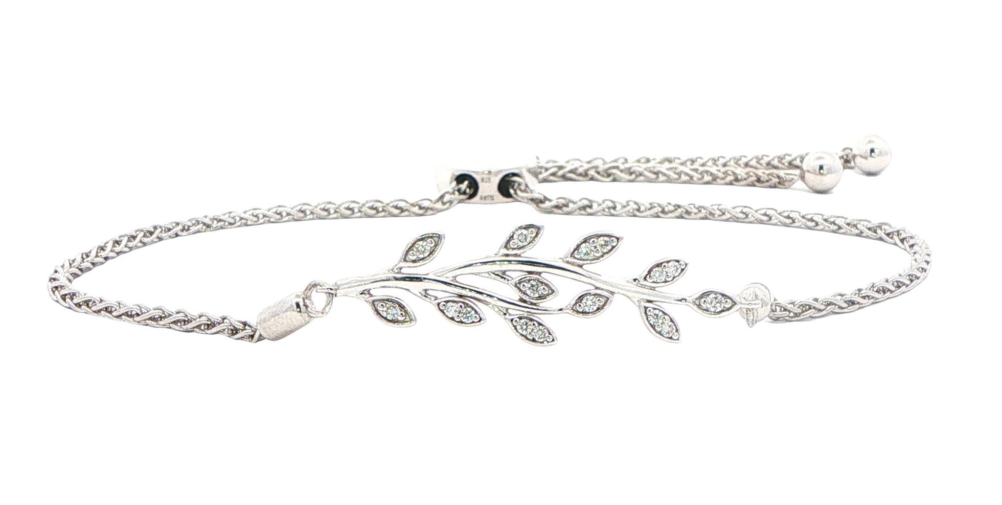 Diamond Leaf Motif Bolo Chain Bracelet in Sterling Silver (0.11cts TWT)