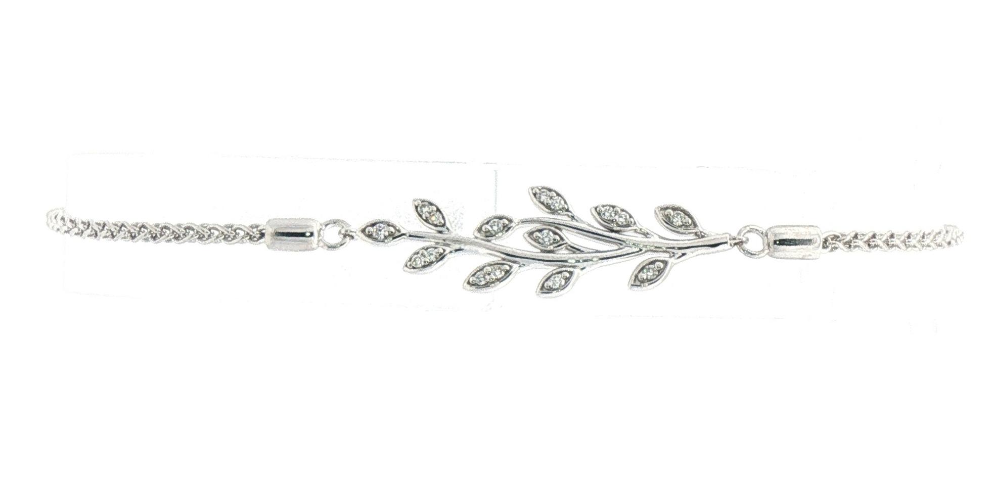 Diamond Leaf Motif Bolo Chain Bracelet in Sterling Silver (0.11cts TWT) front