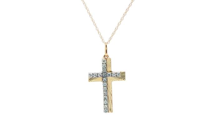 content/products/Diamond Cross Pendant Necklace with Textured Sunrays in Yellow Gold (0.20cts TWT)
