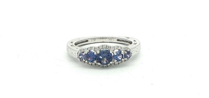 content/products/Vintage-Inspired Five-Stone Halo Huckleberry Sapphire and Diamond Ring in White Gold (0.80cts TWT)