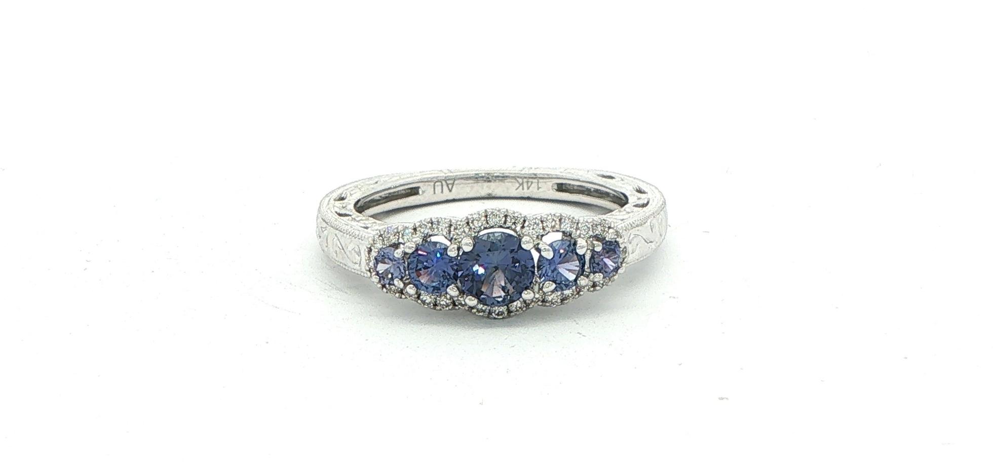 Vintage-Inspired Five-Stone Halo Huckleberry Sapphire and Diamond Ring in White Gold (0.80cts TWT)