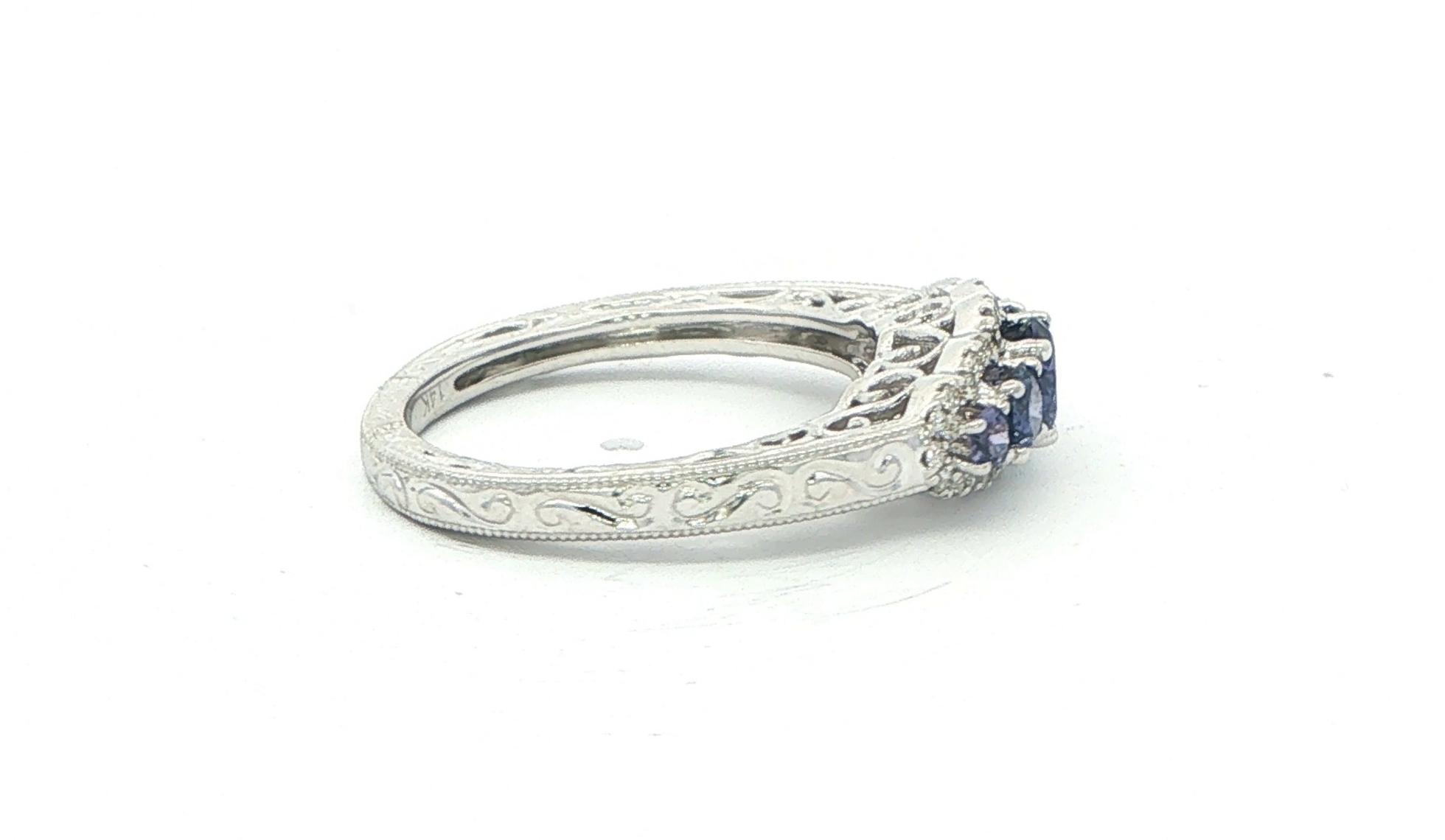 Vintage-Inspired Five-Stone Halo Huckleberry Sapphire and Diamond Ring in White Gold (0.80cts TWT) side