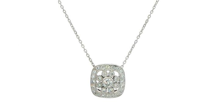 content/products/Estate Piece: Square Diamond Floral Cluster Necklace with Milgrain Detail in White Gold (0.30cts TWT)