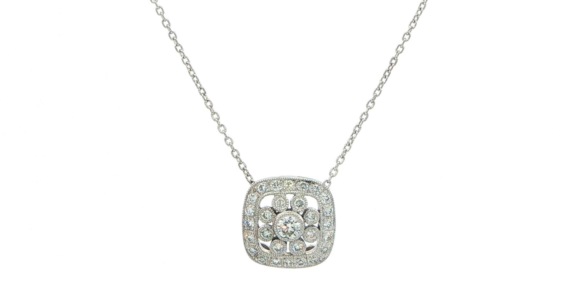 Estate Piece: Square Diamond Floral Cluster Necklace with Milgrain Detail in White Gold (0.30cts TWT)