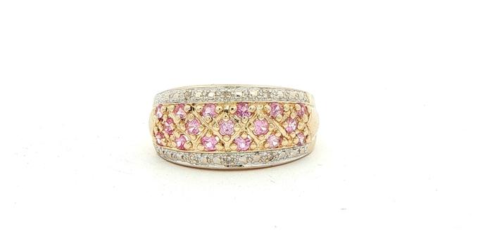 content/products/Estate Piece: Pink Sapphire and Diamond Criss-Cross Band Ring Yellow Gold (0.29cts TWT)