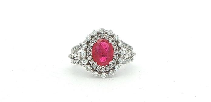 content/products/Estate Piece: Double Halo Oval Ruby and Diamond Cocktail Ring with Split Shank in White Gold (2.50cts TWT)
