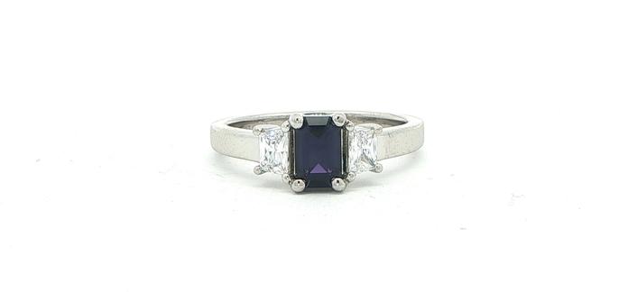 content/products/3-Stone Emerald-cut Huckleberry Sapphire and Trapezoid Diamond Ring in White Gold (1.09cts TWT)