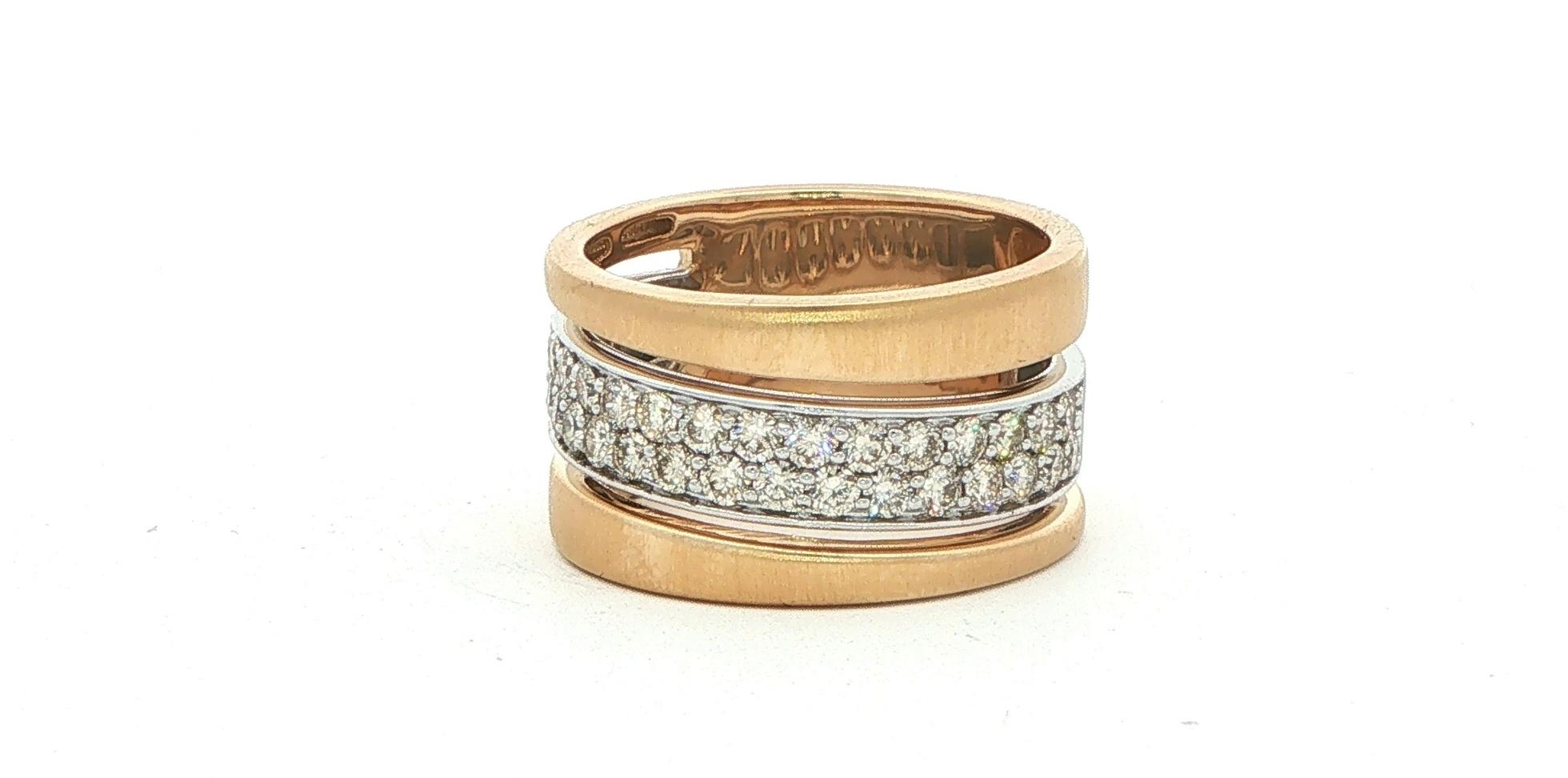 Wide Pave Diamond Angled Three-Band Ring with Satin Finish in Two-tone Yellow and White Gold (0.75cts TWT)