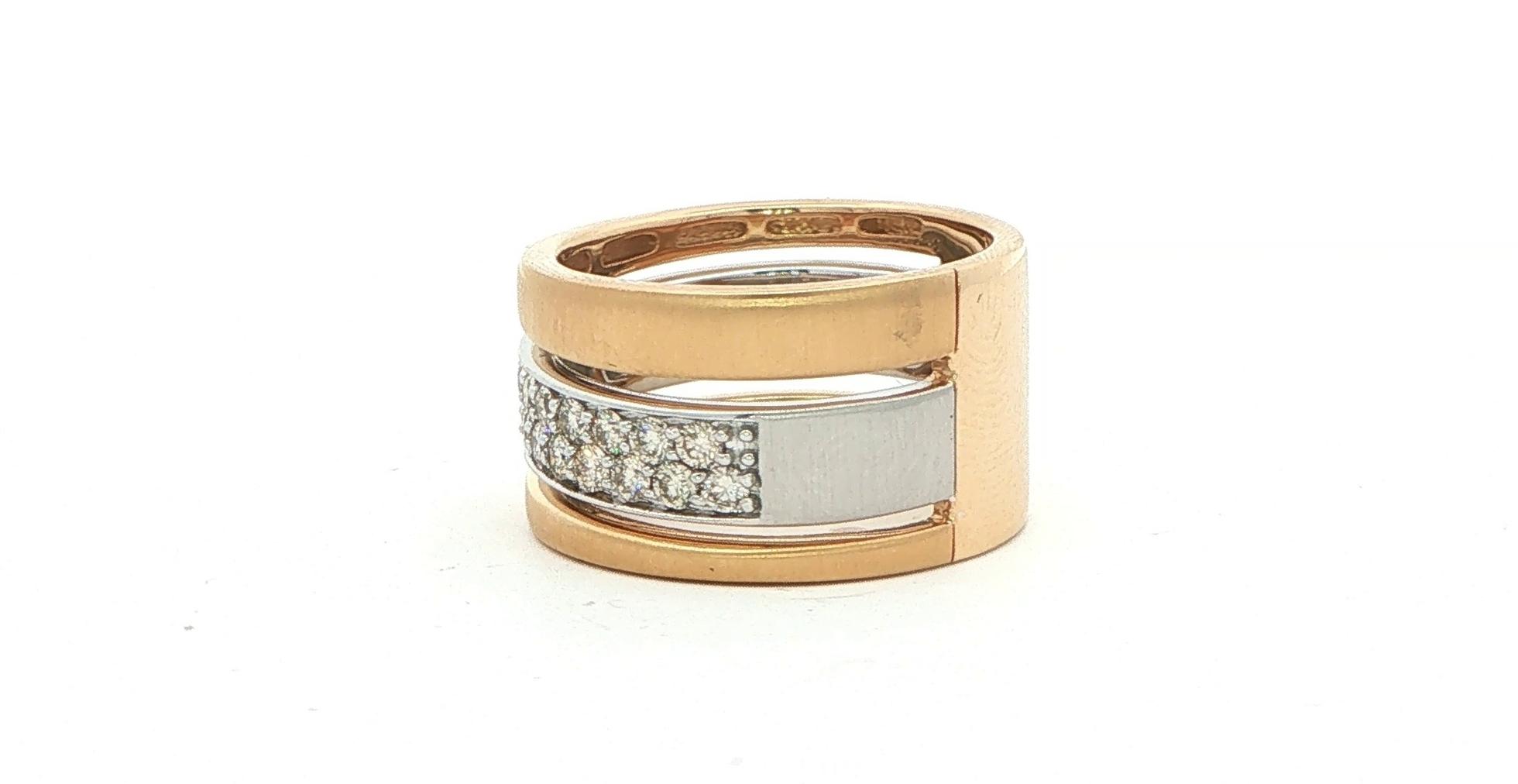 Wide Pave Diamond Angled Three-Band Ring with Satin Finish in Two-tone Yellow and White Gold (0.75cts TWT) side