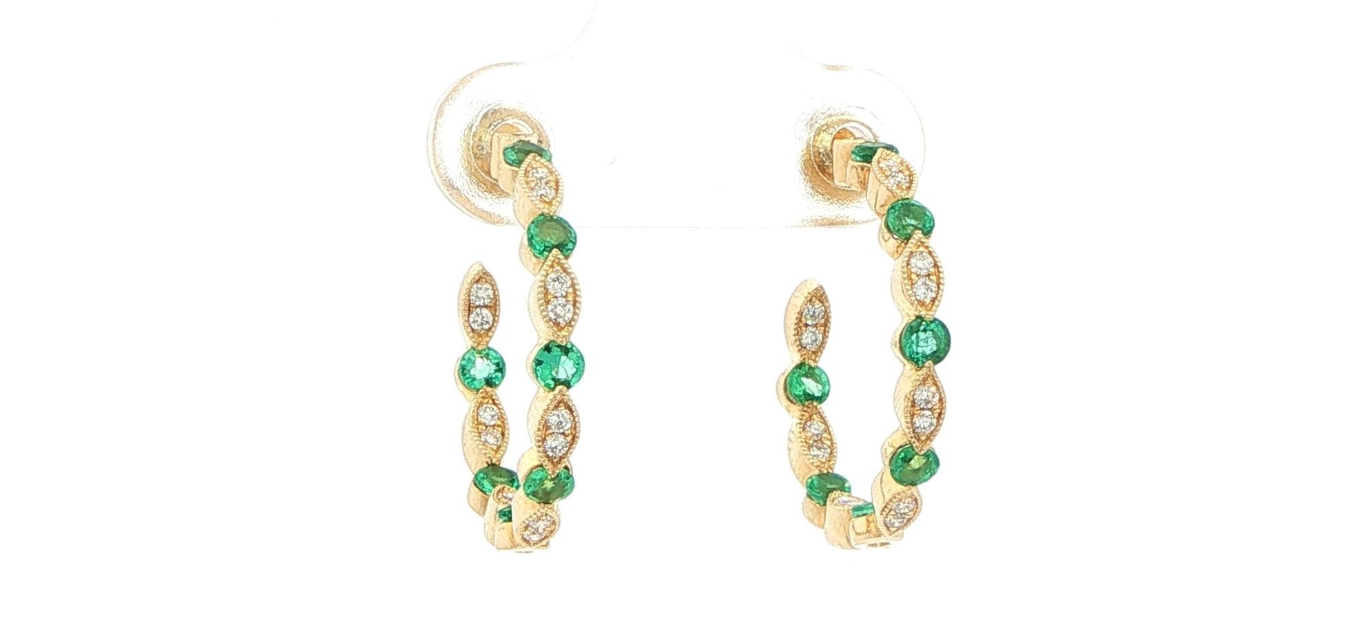 Emerald and Diamond Post Hoop Earrings in Yellow Gold (1.03cts TWT)
