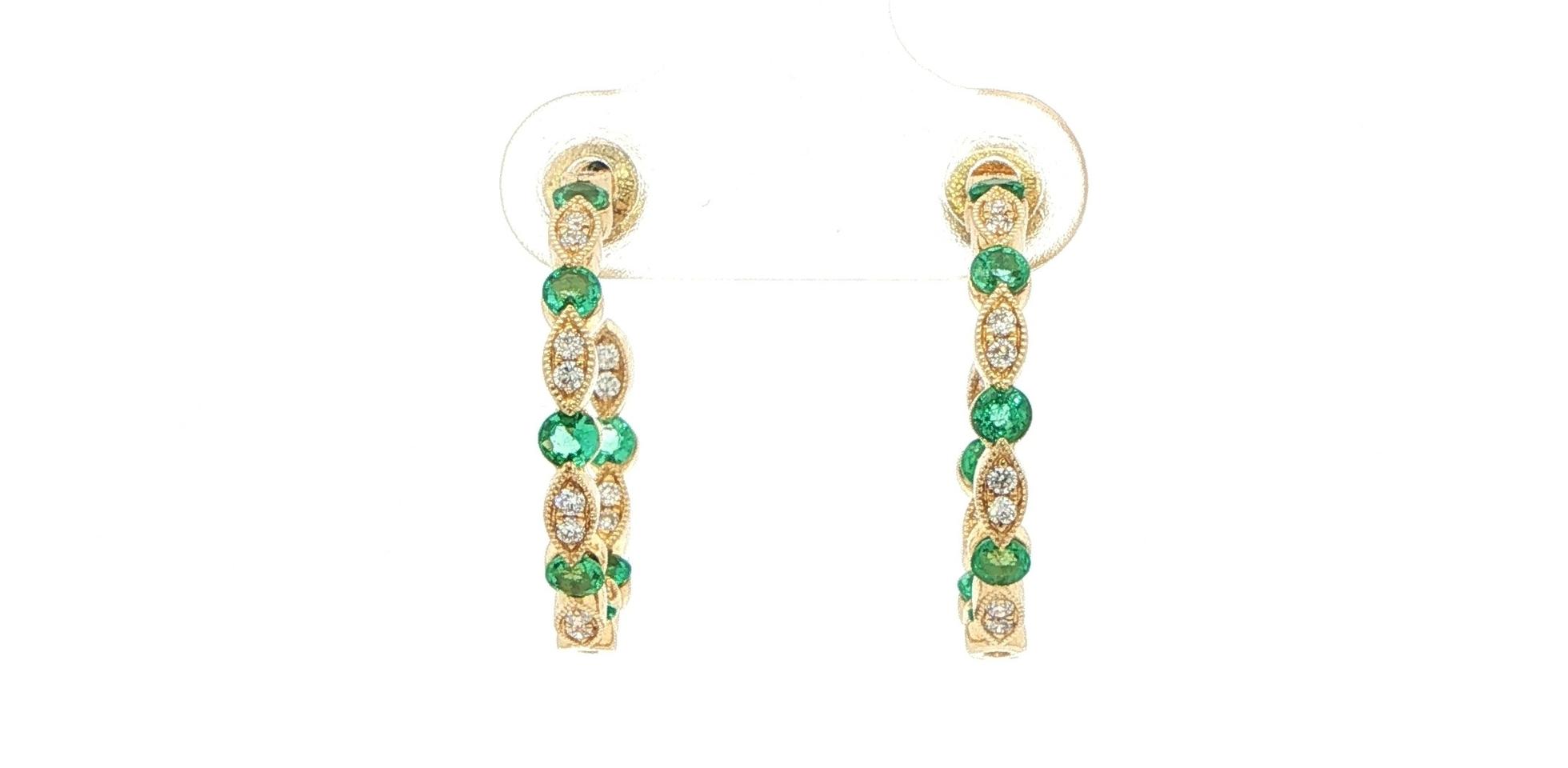 Emerald and Diamond Post Hoop Earrings in Yellow Gold (1.03cts TWT) straightg