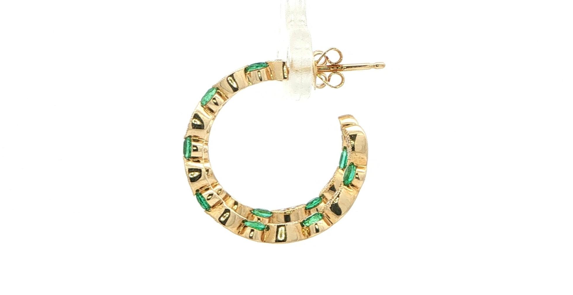 Emerald and Diamond Post Hoop Earrings in Yellow Gold (1.03cts TWT) side