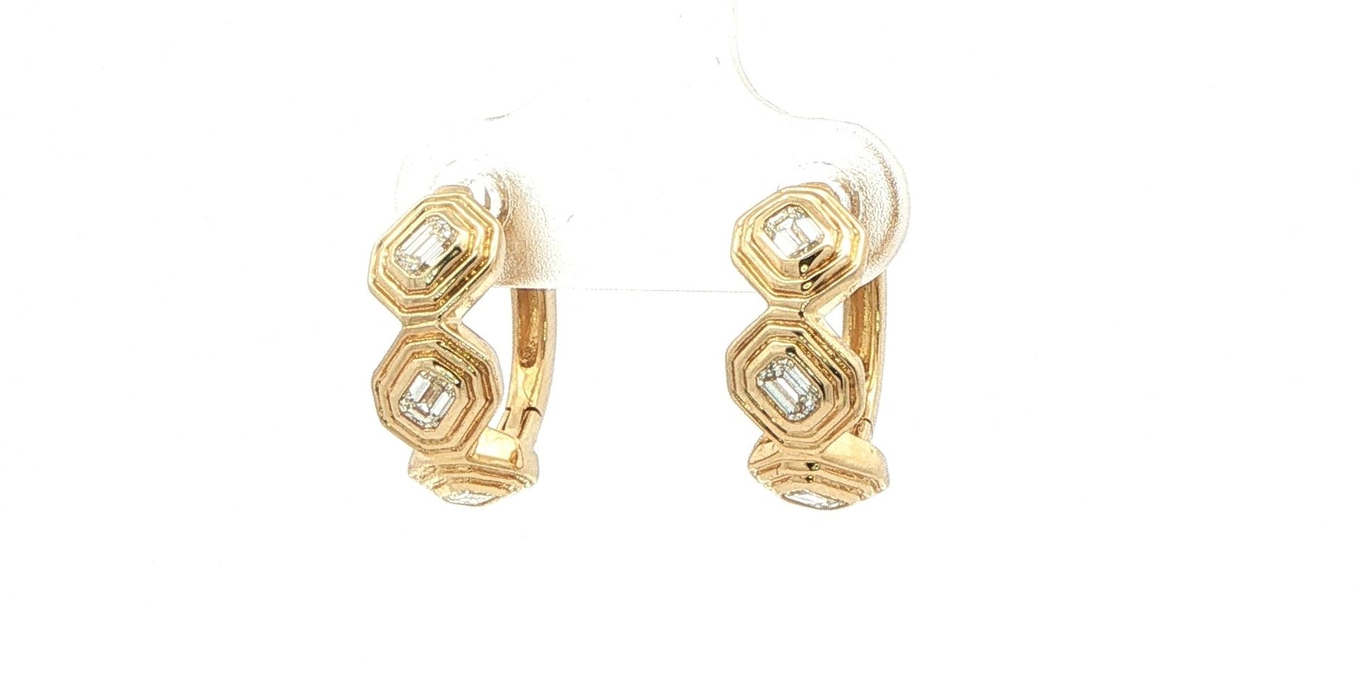 Geometric Framed Emerald-cut Diamond Hoop Earrings Yellow Gold (0.46cts TWT)