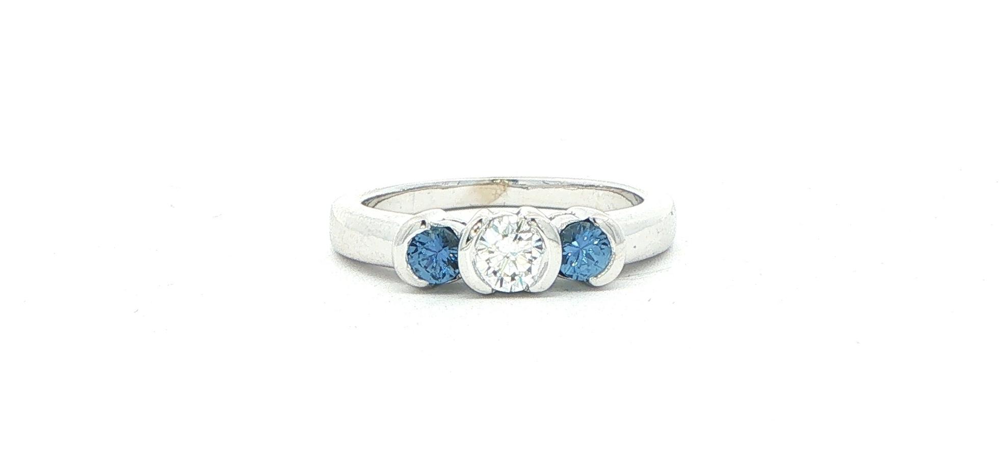 Three-Stone Diamond and Montana Yogo Sapphire Split-Bezel Ring in White Gold (0.58cts TWT)
