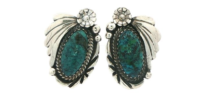 content/products/Estate Piece: Turquoise Southwestern Stud Earrings with Flower Accent in Sterling Silver