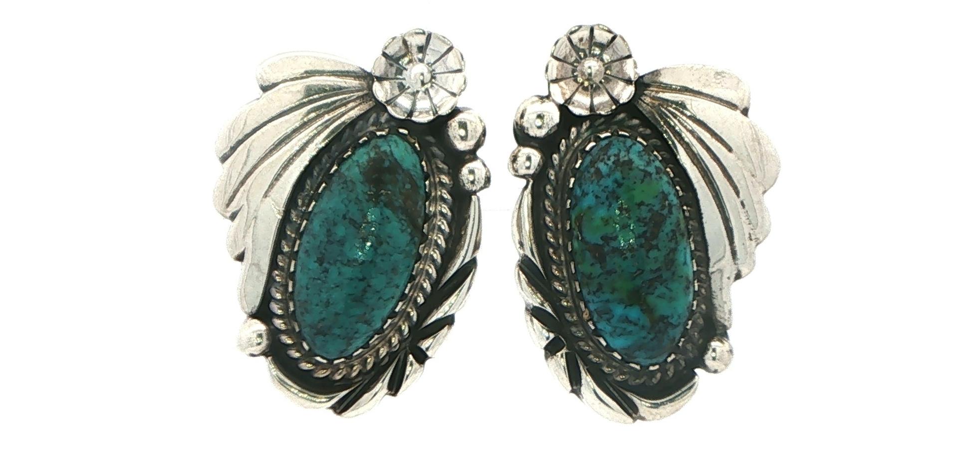 Estate Piece: Turquoise Southwestern Stud Earrings with Flower Accent in Sterling Silver
