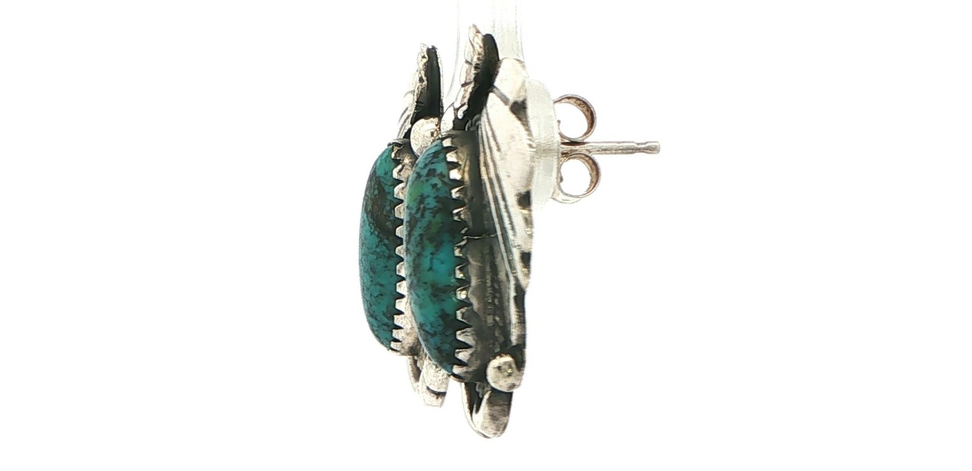 Estate Piece: Turquoise Southwestern Stud Earrings with Flower Accent in Sterling Silver side