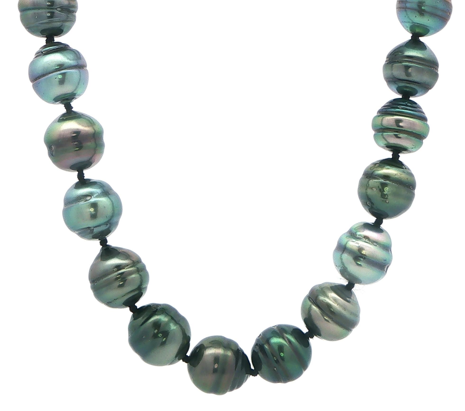 Estate Piece: Dark Blue Green Ribbed Tahitian Pearl Strand Necklace with Yellow Gold Clasp
